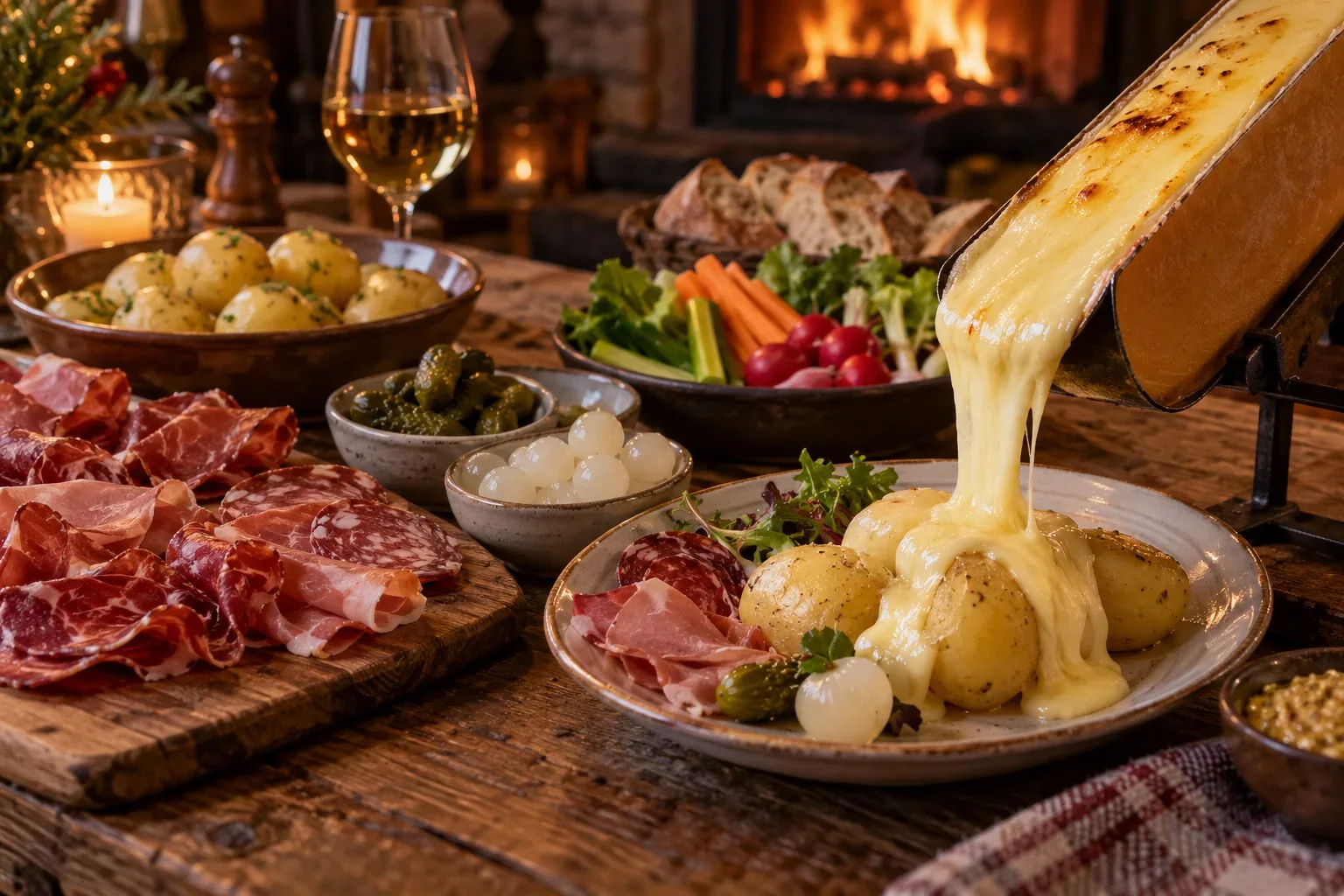 Une table de raclette avec des pommes de terre vapeur, de la charcuterie tranchée, des légumes marinés et du fromage fondu