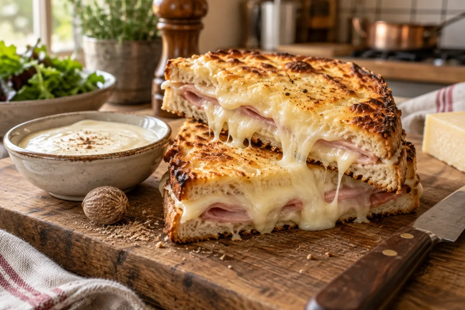 Deux croque-monsieur dorés coupés en deux, béchamel fondante et fromage filant entre les tranches de pain de mie grillé