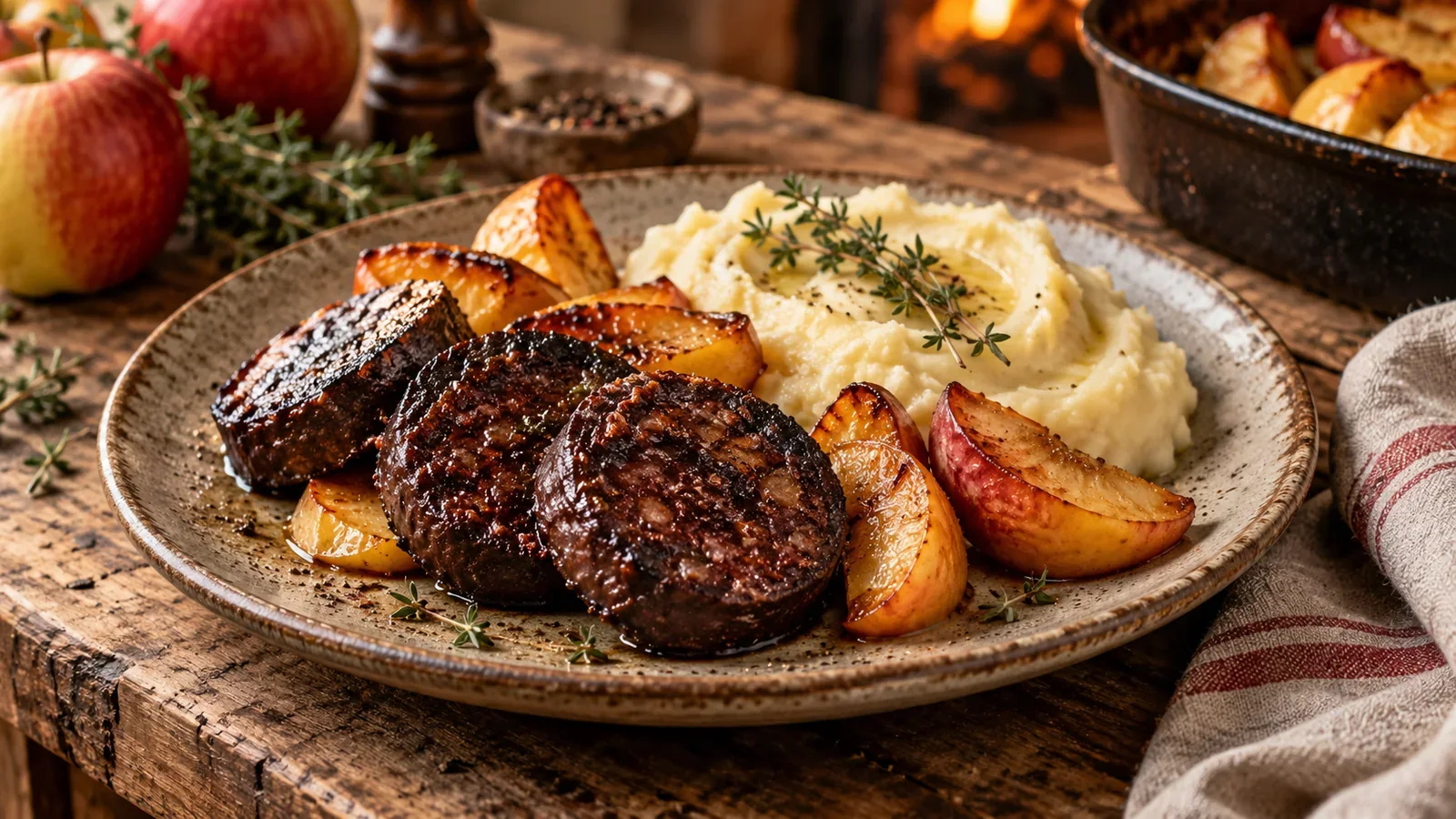 Des tranches de boudin noir dorées au four sur une assiette, avec des pommes rôties et une purée maison