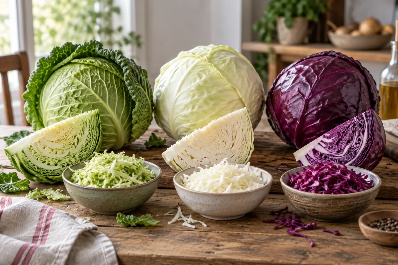 Chou vert, chou blanc et chou rouge coupés sur une table