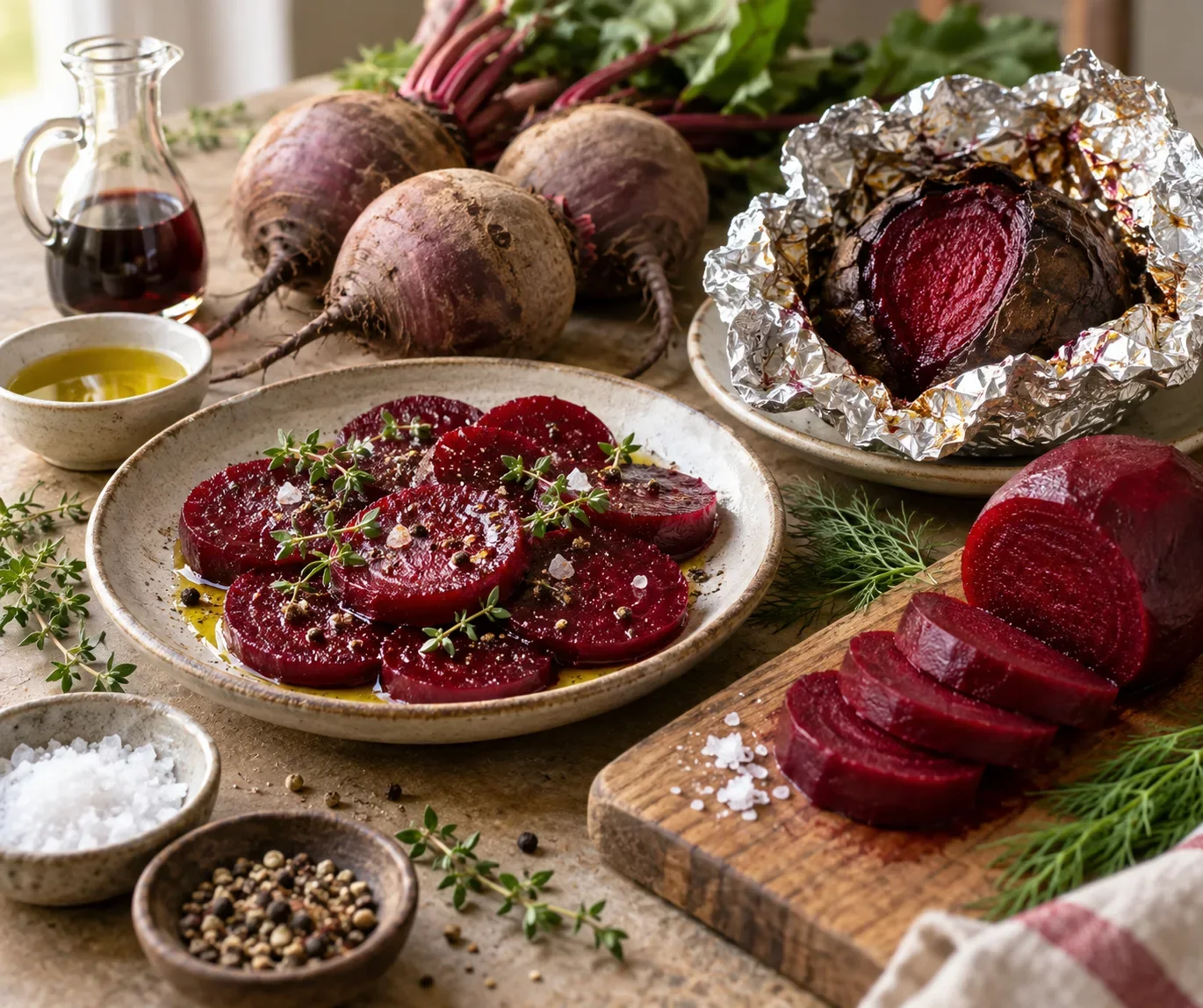 Betteraves cuites et crues avec huile, vinaigre et herbes