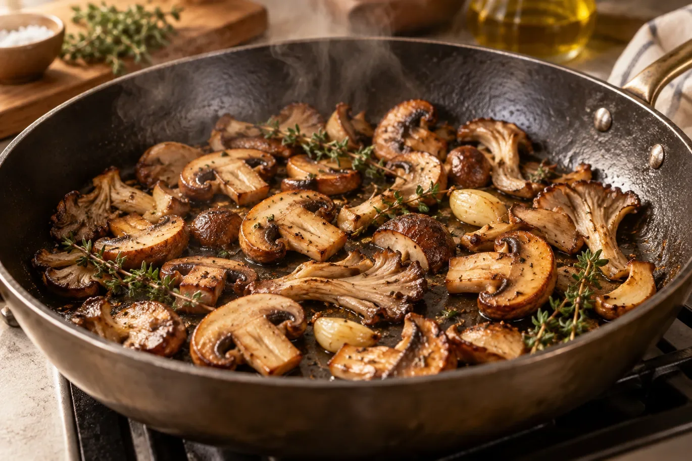 Champignons dorés dans une grande poêle avec thym