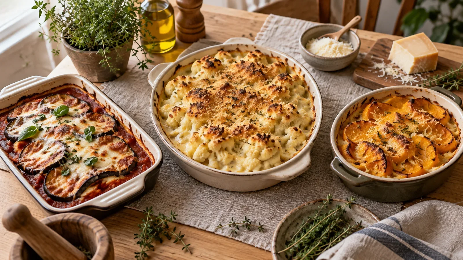 Vue plongeante sur trois plats de gratins de légumes distincts sur une table en bois