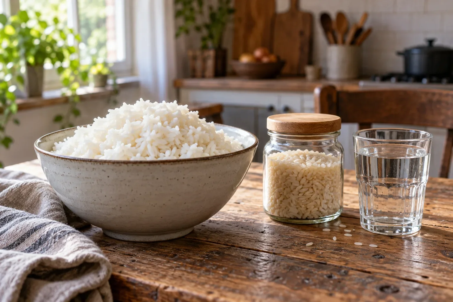 Un bol de riz cuit à côté d'un bocal de riz cru et d'un verre, sur une table en bois