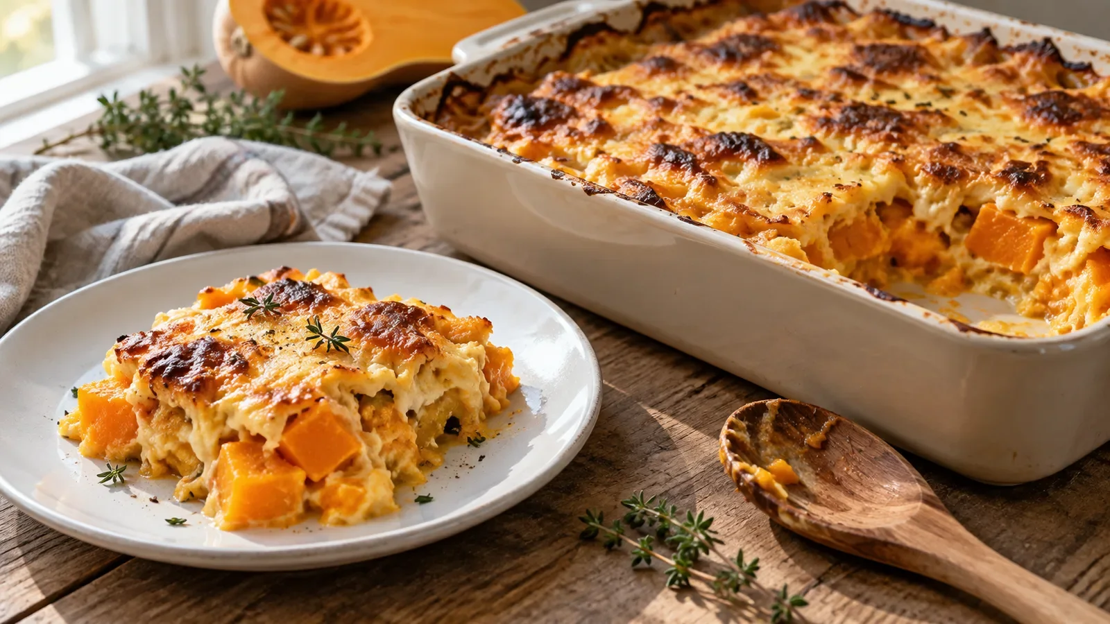 Gratin de courge doré dans un plat rectangulaire en céramique crème, une part servie dans une assiette à côté