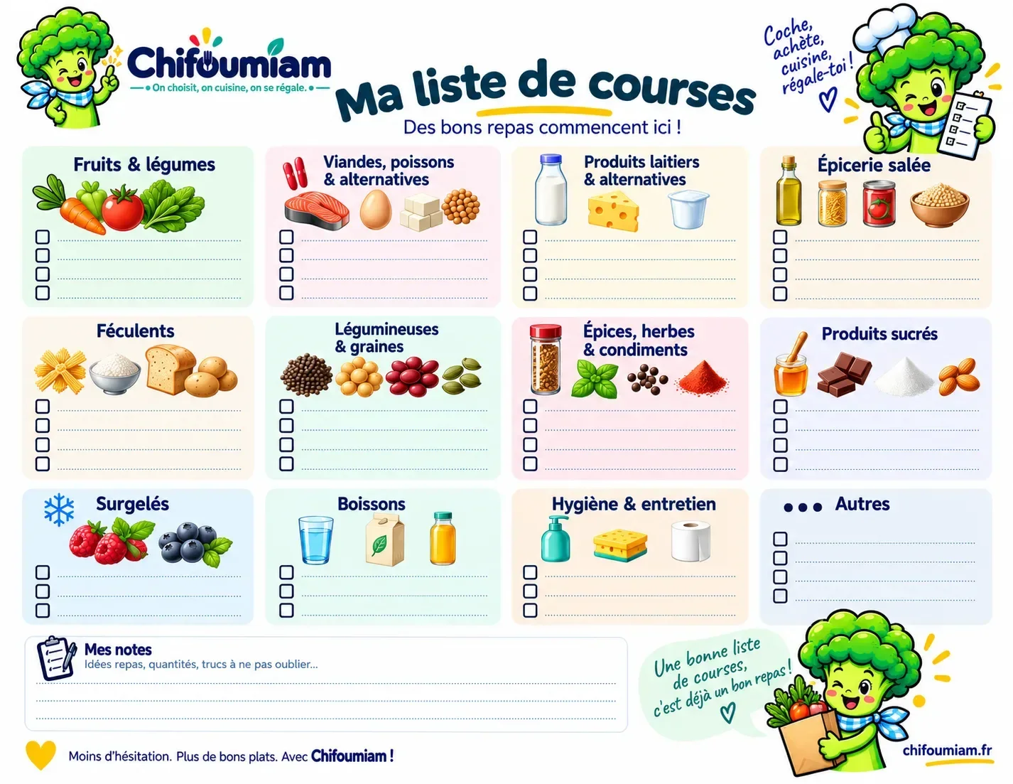 Modèle de liste de courses Chifoumiam au format paysage : douze rayons illustrés avec cases à cocher et zone de notes