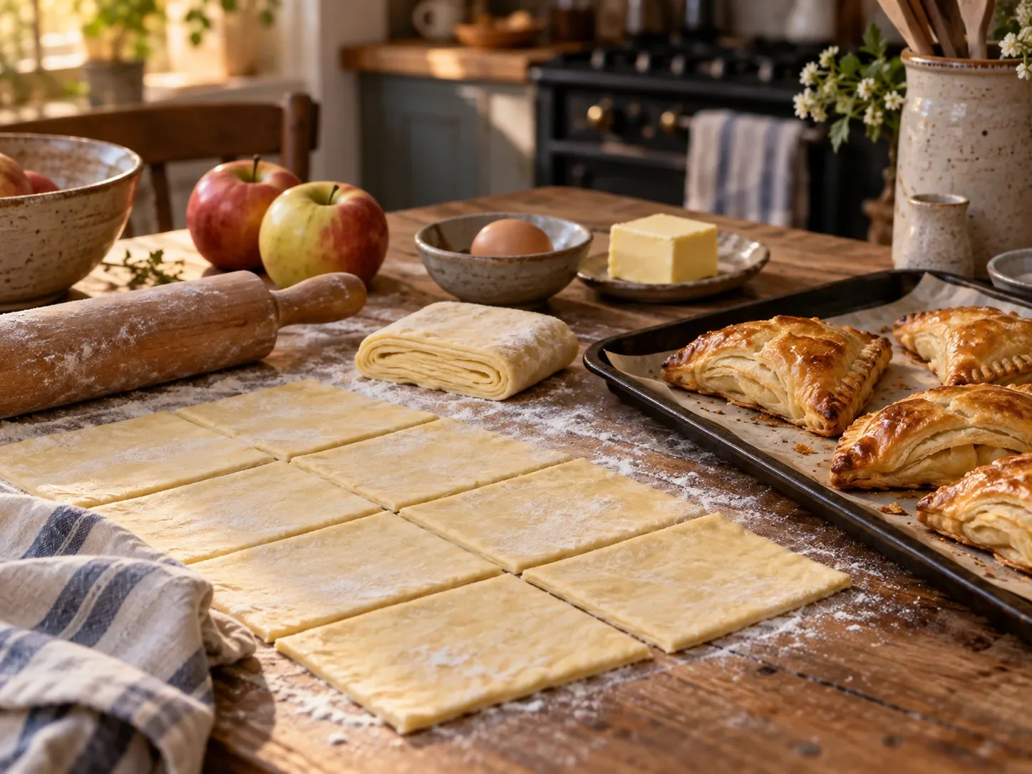 Abaisse de pâte feuilletée découpée en rectangles sur un plan de travail fariné, chaussons aux pommes dorés sur une plaque à côté
