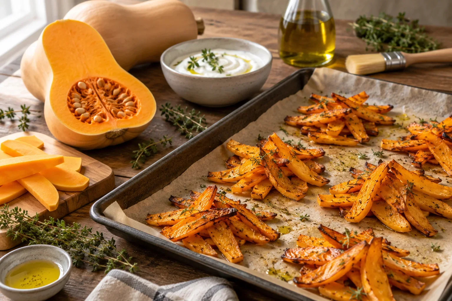 De fines chips de butternut dorées posées sur une plaque, avec une courge butternut coupée en deux à côté