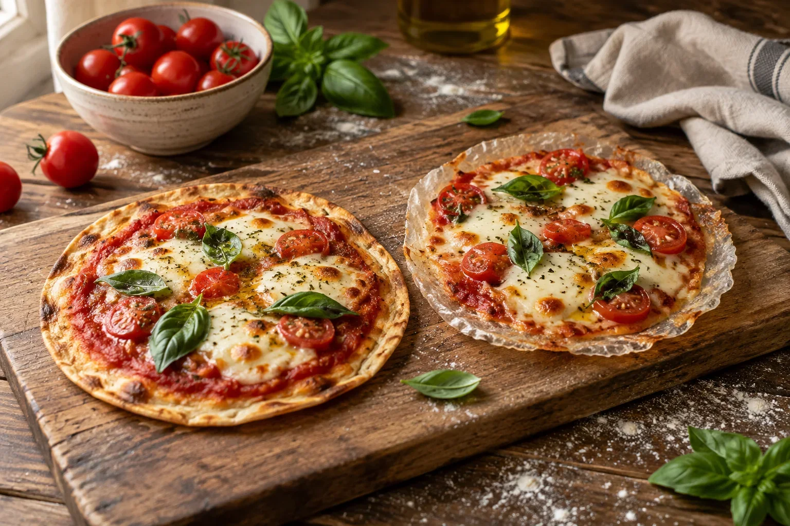Deux petites pizzas sans pâte sur une planche, l'une sur une tortilla dorée et l'autre sur une feuille de riz croustillante