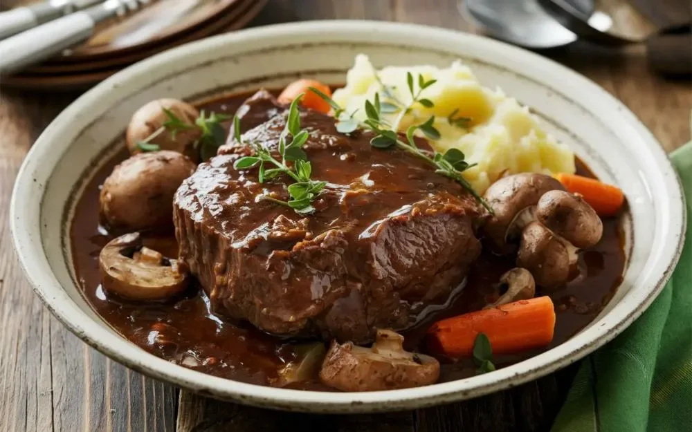 Bœuf bourguignon mijoté, viande fondante dans une sauce au vin rouge avec carottes et champignons