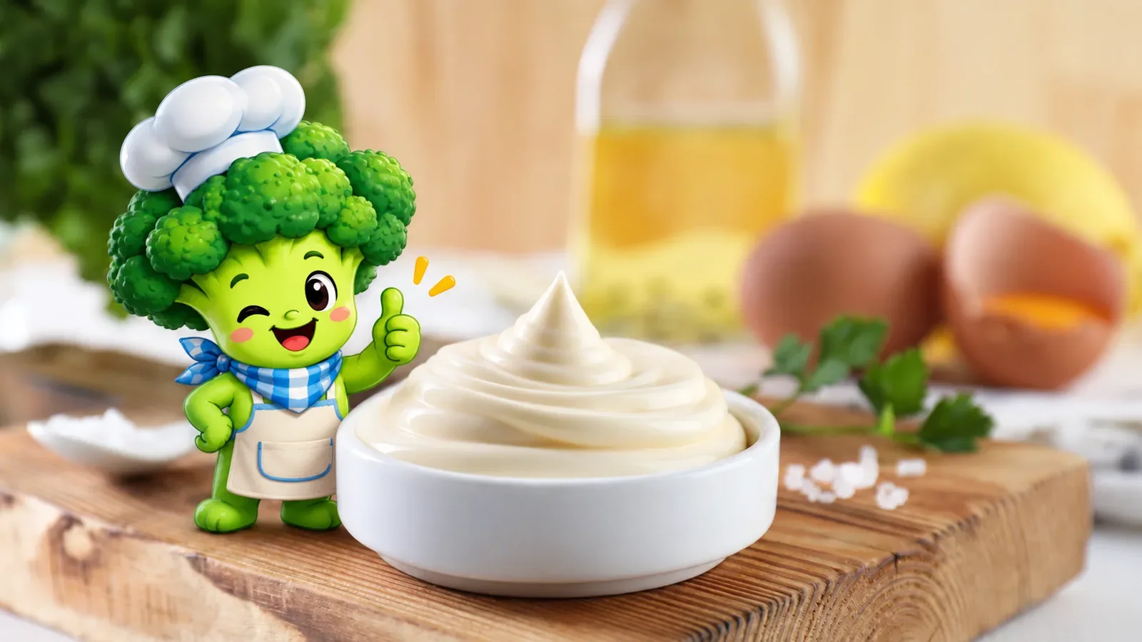 Un bol de mayonnaise maison montée en pointe sur une planche en bois, entouré d'oeufs, d'huile et d'un citron, avec la mascotte Chifoumiam
