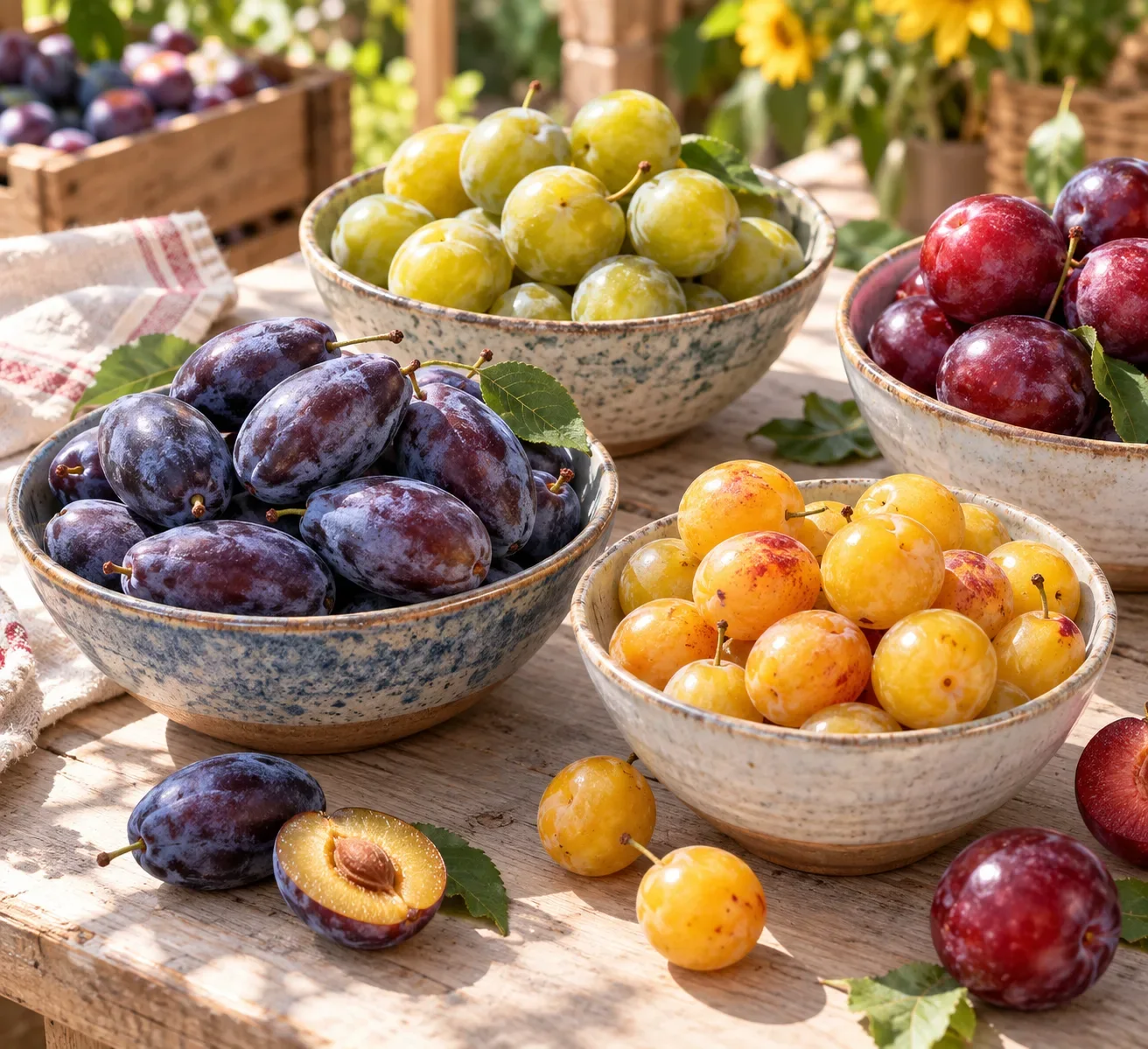 Quetsches, reines-claudes, mirabelles et prunes rouges dans des bols