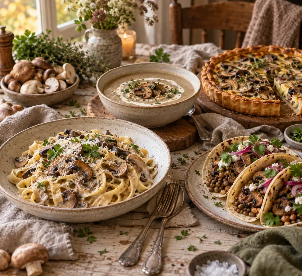 Idées faciles avec champignons, pâtes, soupe, tarte et tacos