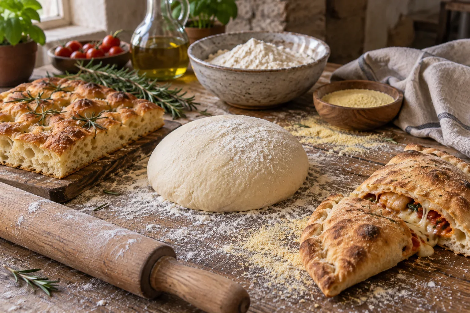 Une boule de pâte à pizza crue sur un plan de travail fariné, entourée d'une focaccia dorée et d'un calzone coupé