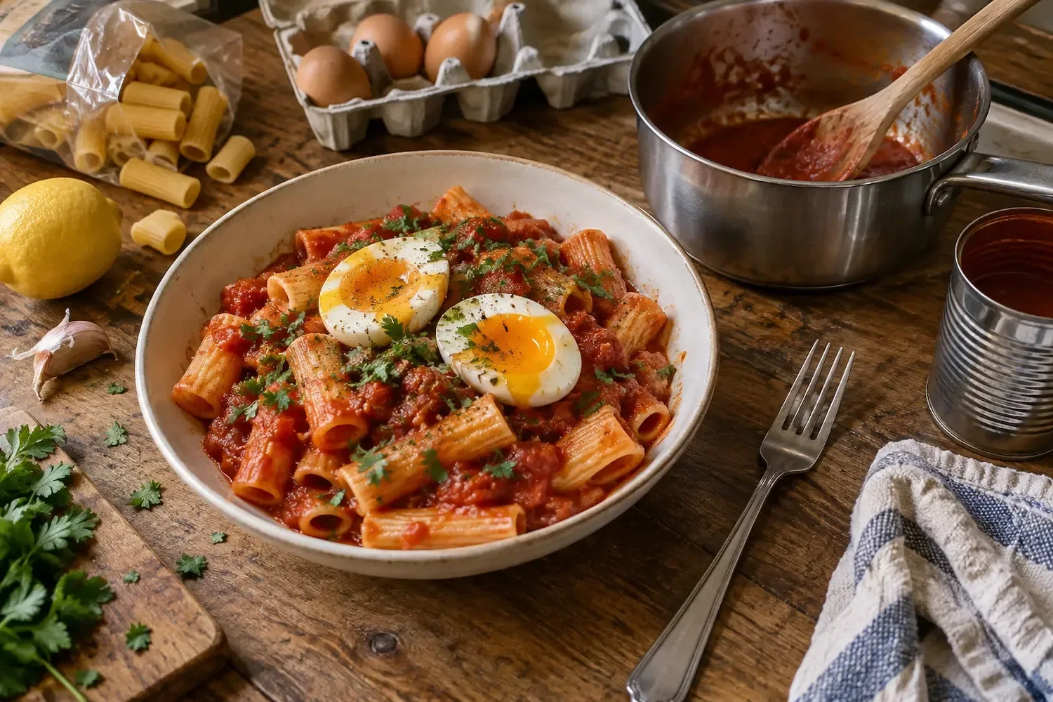 Un bol de pâtes à la sauce tomate avec deux oeufs mollets coupés en deux, entouré d'une casserole de sauce, d'une boîte d'oeufs, d'un paquet de pâtes et d'un citron