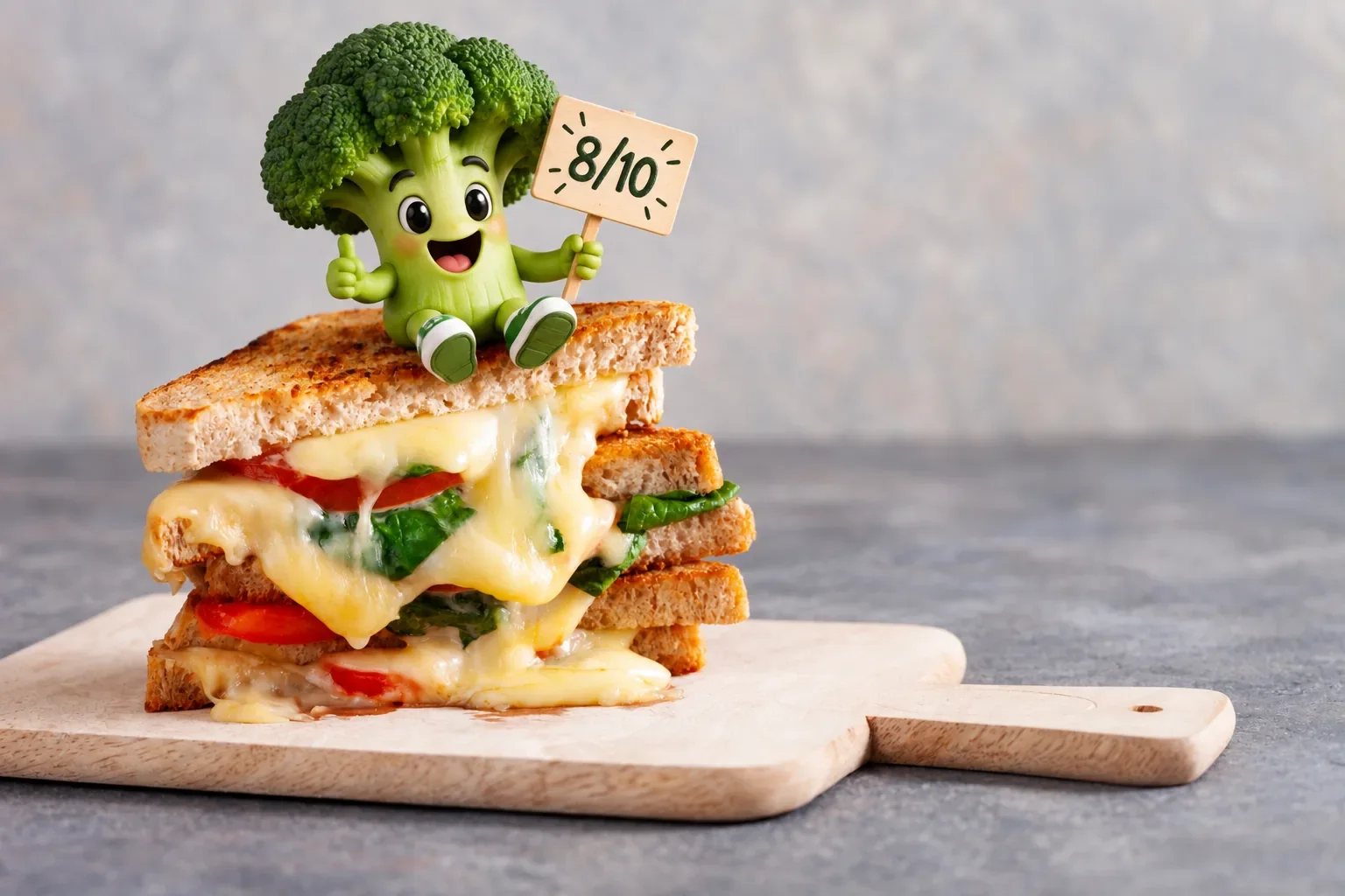 Un grand sandwich grille coupe en deux, fromage fondu, tomate et epinards apparents, pose sur une planche en bois, avec la mascotte Chifoumiam