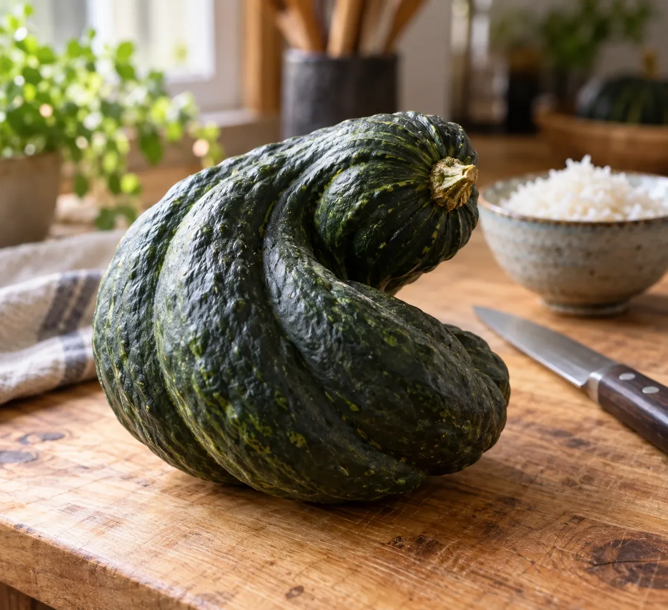 Courge japonaise Shishigatani posée sur une table de cuisine