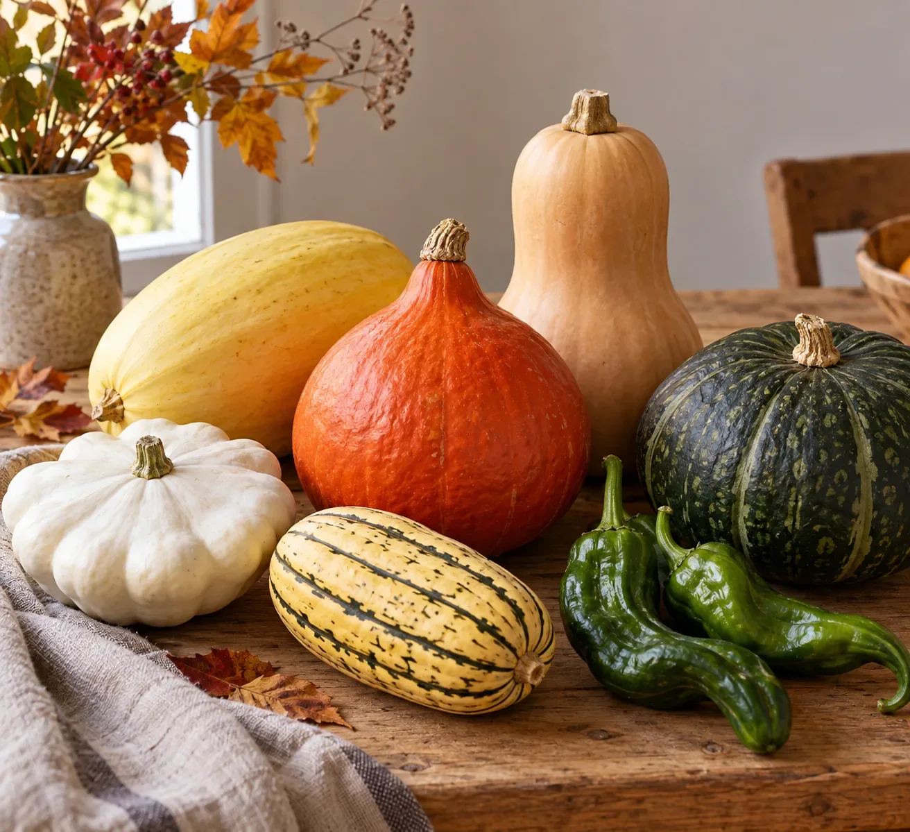 Assortiment de variétés de courges sur une table de cuisine