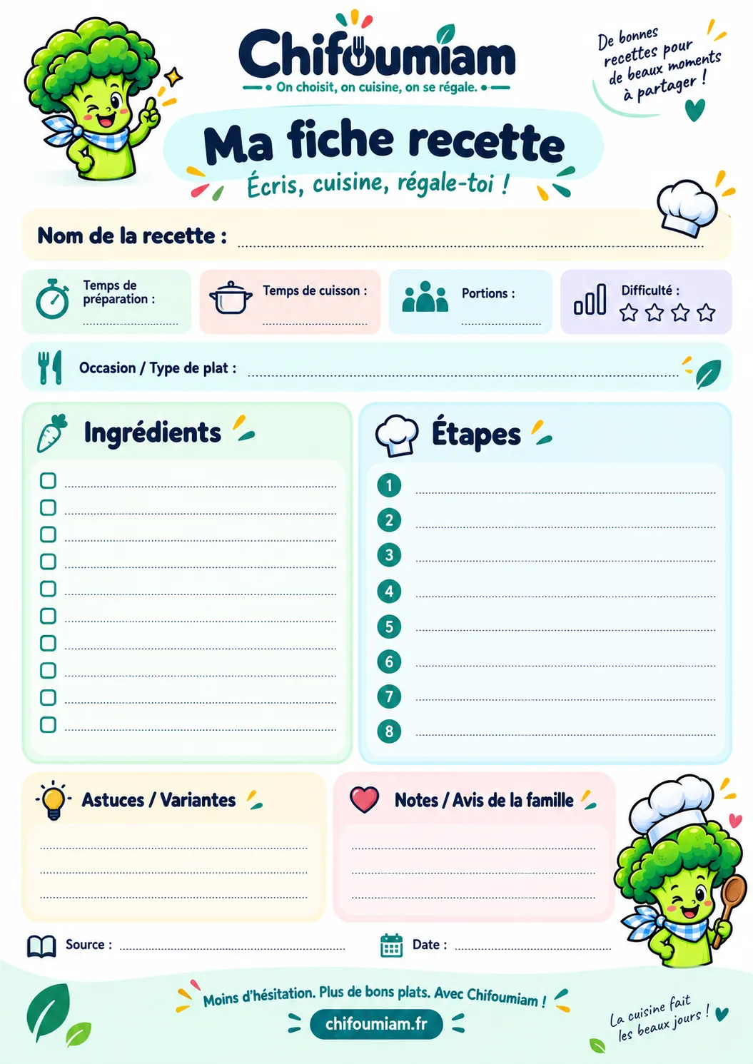 Fiche recette vierge Chifoumiam à imprimer : nom de la recette, temps de préparation et de cuisson, portions, difficulté, occasion, cases à cocher pour les ingrédients et huit étapes numérotées
