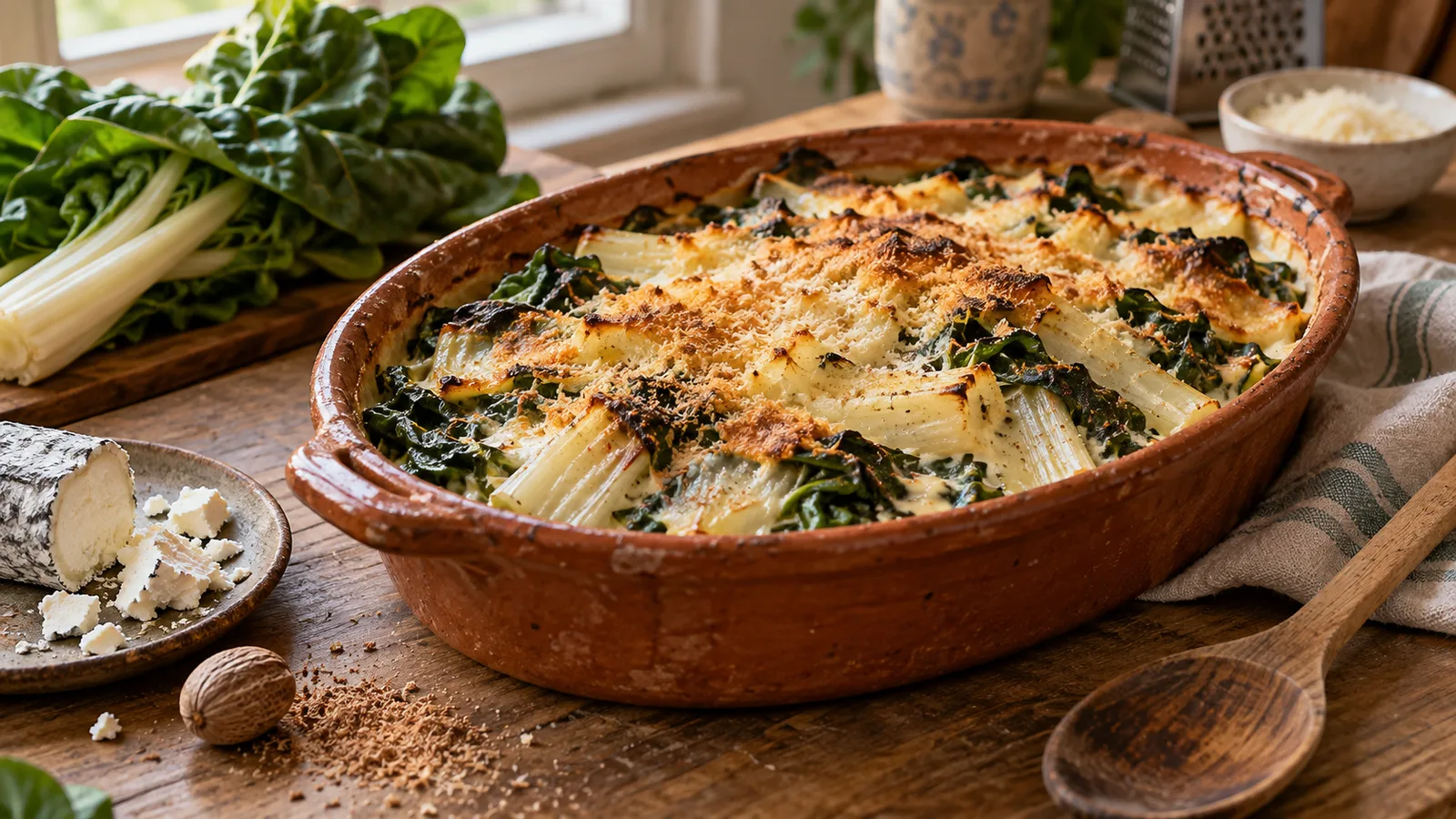 Gratin de blettes dans un plat ovale en terre cuite