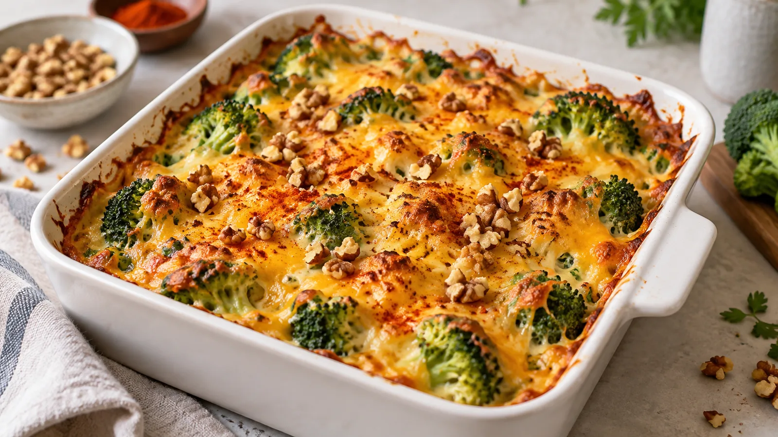 Gratin de brocoli au cheddar dans un plat carré