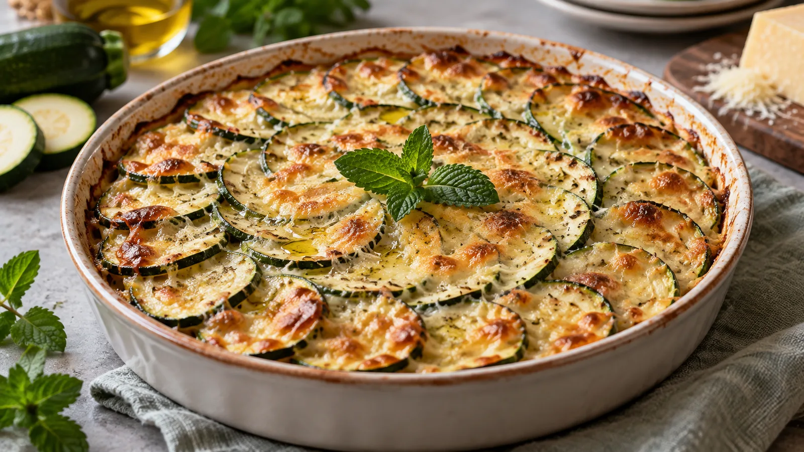 Gratin de courgettes doré dans un plat rond en céramique