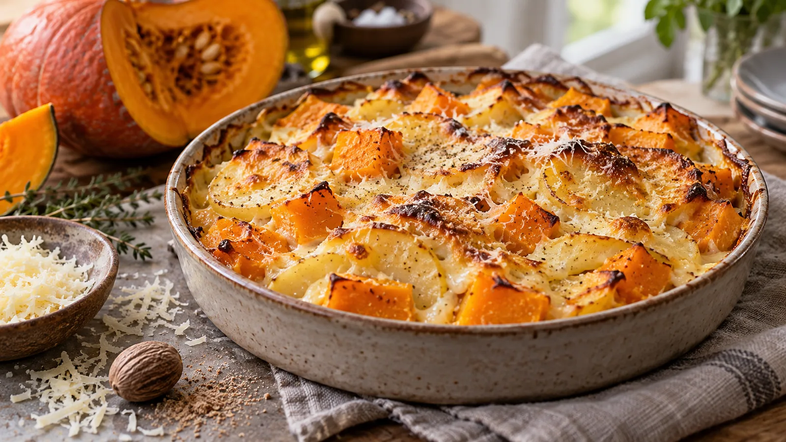 Gratin de potimarron et pommes de terre dans un plat rond