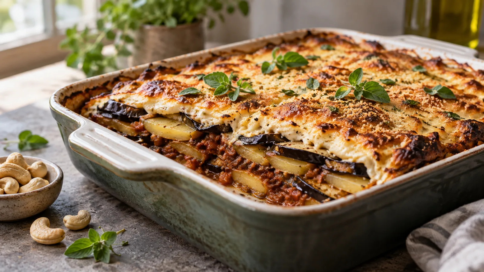 Moussaka végétale aux aubergines en couches