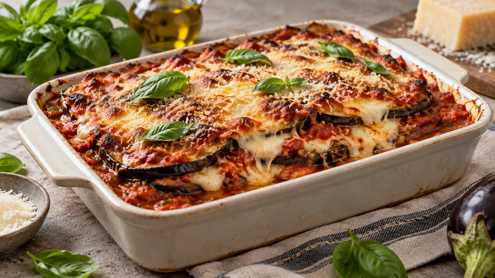 Parmigiana d’aubergines en couches visibles
