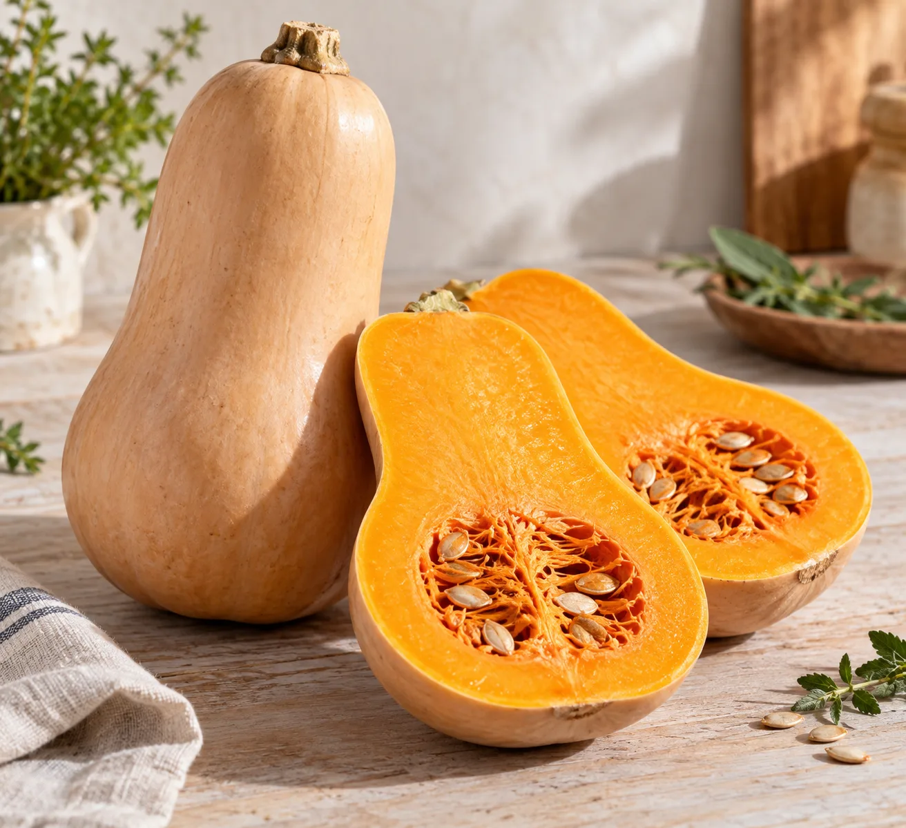 Courge butternut entière et coupée en deux