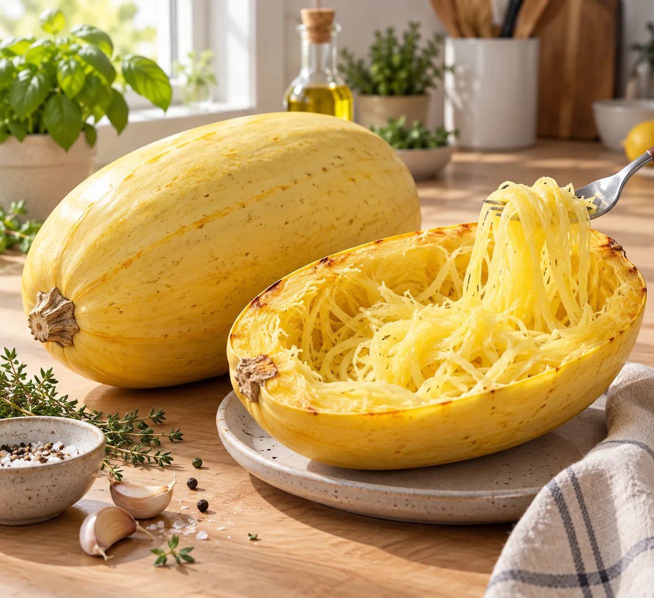 Courge spaghetti ouverte avec ses filaments visibles