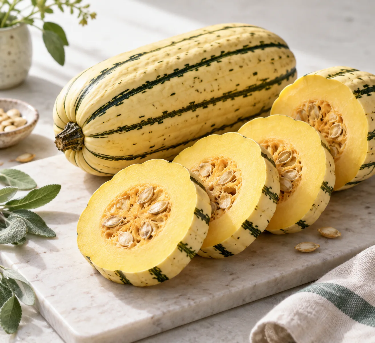Courges delicata rayées coupées en rondelles