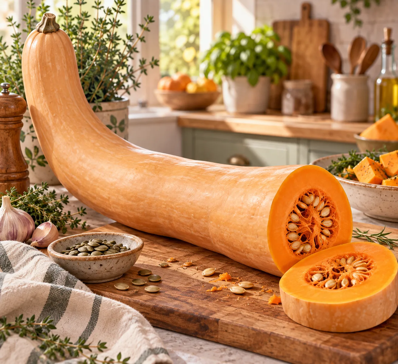 Courge longue de Nice allongée avec une section coupée