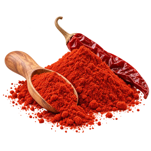 Illustration de piment rouge en poudre avec une cuillère en bois et un piment séché