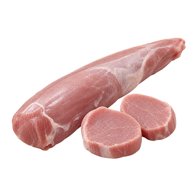 Illustration d’un filet mignon de porc cru entier et de deux médaillons ; origine non vérifiable sur l’image