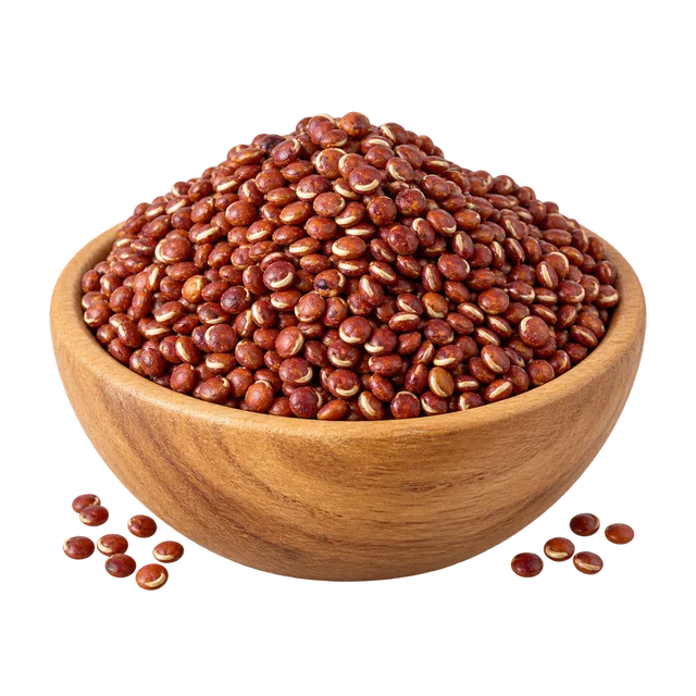 Illustration de graines de quinoa rouge dans un bol en bois ; variété et origine non vérifiables sur l’image