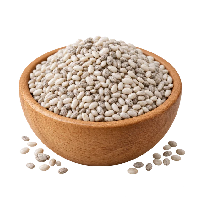 Illustration d’un bol de graines de chia blanches ; origine et variété non vérifiables sur l’image