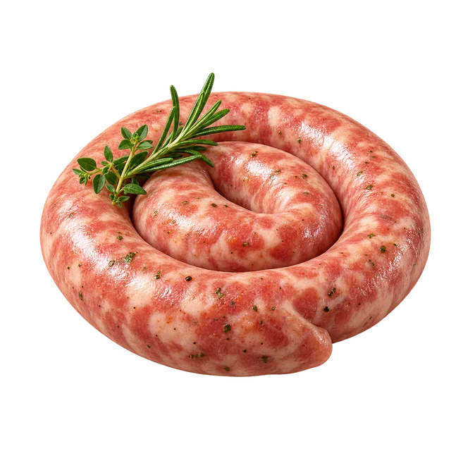 Illustration d’une saucisse fraîche enroulée avec un brin d’herbe ; recette, label et origine non vérifiables sur l’image