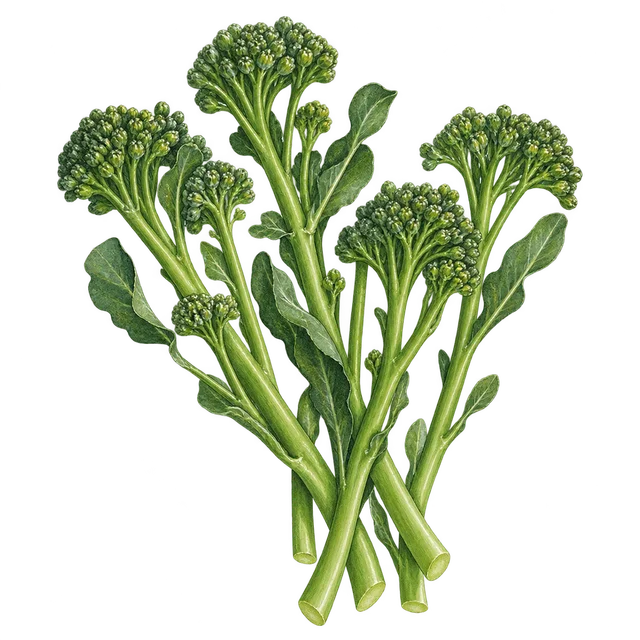 Illustration de brocoli à jets : tiges fines et longues terminées par de petits bouquets, avec quelques feuilles ; cultivar non identifié