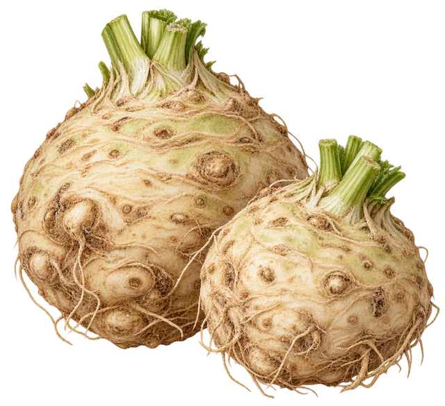 Illustration représentative du céleri-rave : deux boules entières de tailles différentes, peau rugueuse et radicelles ; ce n’est pas un critère visuel pour reconnaître Président ou Rowena