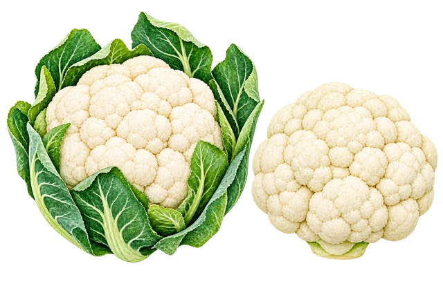 Illustration de deux choux-fleurs blancs : l’un couronné de ses feuilles vertes, l’autre effeuillé