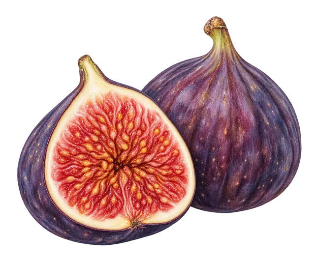 Illustration de figues à peau violette, l’une entière et l’autre coupée en deux montrant une chair rouge ; représentation du type, cultivar non certifié