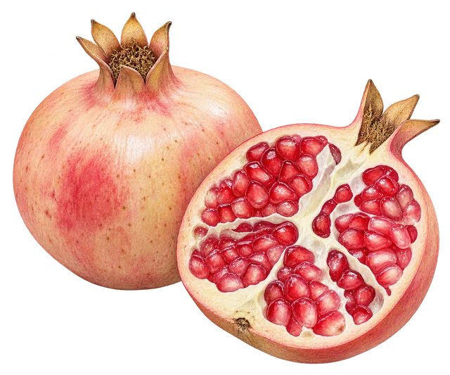 Illustration d’une grenade à écorce pâle rosée, entière et coupée en deux montrant des grains rose-rouge ; représentation, cultivar non certifié