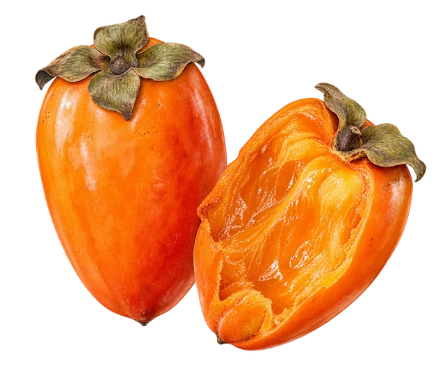 Illustration de deux kakis allongés orange vif, l’un entier et l’autre ouvert sur une chair très mûre et gélatineuse ; représentation du type, cultivar non certifié
