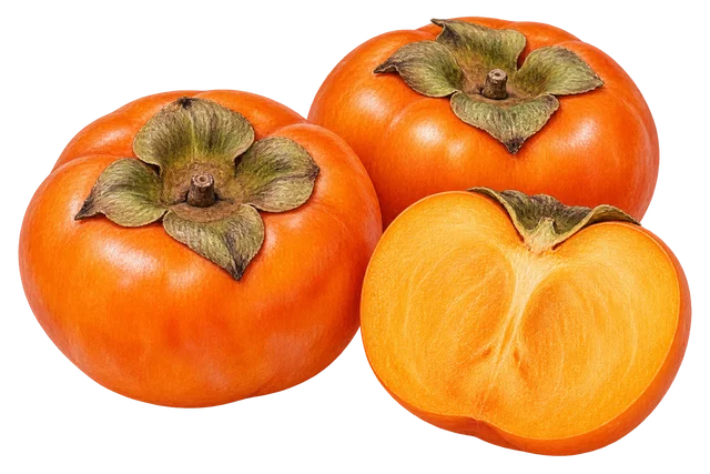 Illustration de kakis orange aplatis, dont un coupé en deux montrant une chair ferme ; représentation du type, cultivar non certifié