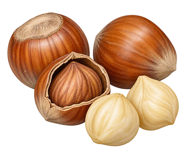 Illustration de noisettes en coque brune, d’une coque ouverte sur son amande et de deux noisettes décortiquées ; représentation, cultivar non certifié
