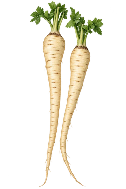 Illustration de deux panais longs et effilés avec leurs fanes ; représentation de la forme, cultivar non certifié