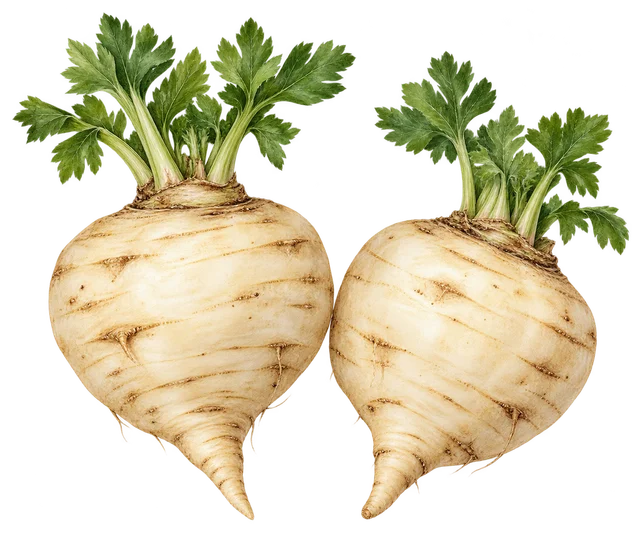 Illustration de deux panais ronds et ramassés, terminés par une courte pointe, avec leurs fanes ; représentation de la forme, cultivar non certifié