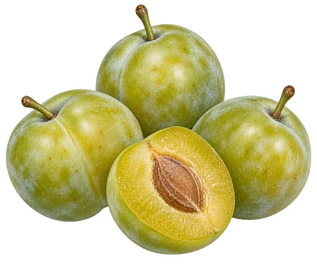Illustration de prunes rondes à peau verte, dont une coupée en deux montrant une chair jaune-vert et son noyau ; représentation, cultivar non certifié