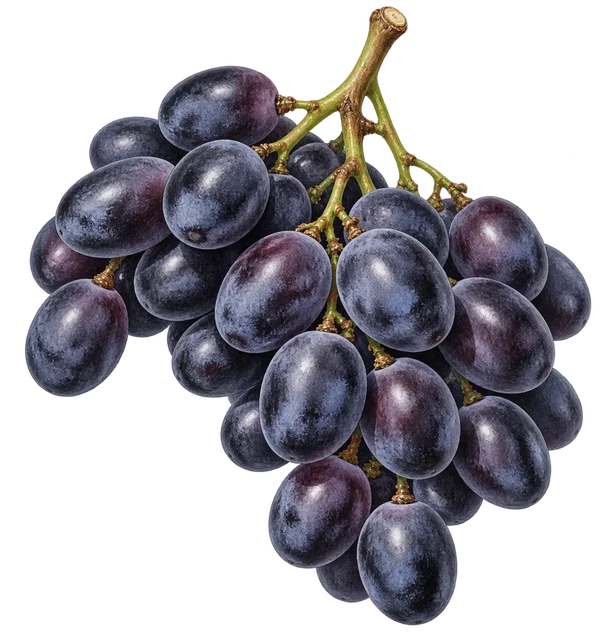 Illustration d’une grappe lâche de raisin aux grains ovales bleu-noir ; représentation, cépage non certifié